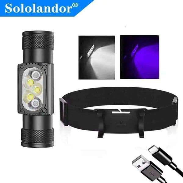 395nm UV LED Mini Headlamp High Power White Purple Light Headlight Type-C 18650 Head Torch Multi-function Flashlight Lamp 26W0312