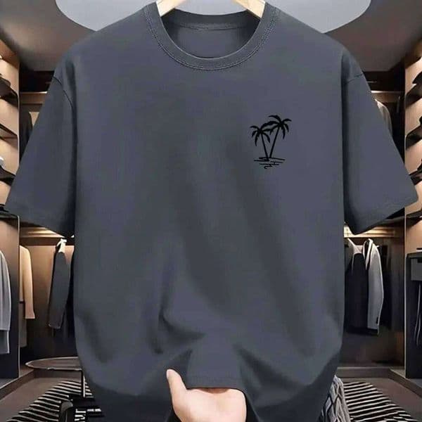 Men's summer 100% cotton fashionable casual loose coconut tree pattern printed sports round neck short sleeved T-shirt top T260312