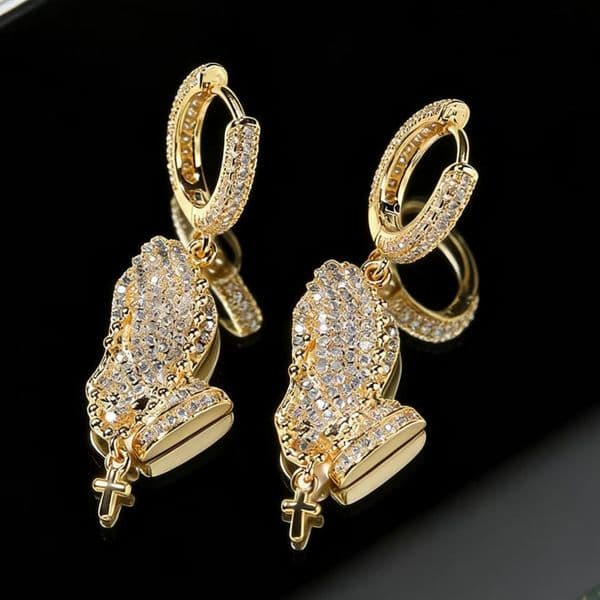 New fashion ced Out Praying Hands Hoop Earrings with Mini Cross | 14K Gold Plated Cubic Zirconia Hip Hop Jewelry for women and men