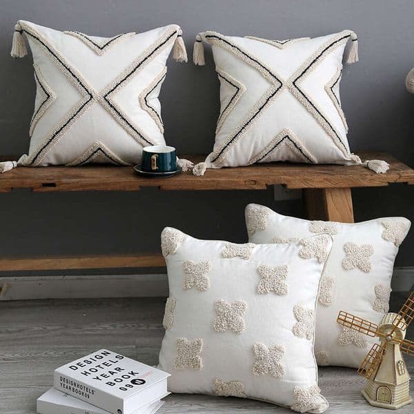 Nordic-Style Sofa Living Room Cotton Pillowcases, Embroidered Tufted Moroccan Polyester-Cotton Cushion Covers,