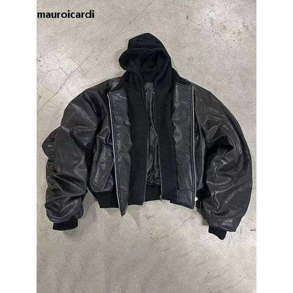 Mauroicardi Autumn Winter Oversized Cool Black Thickened Warm Pu Leather Bomber Jacket Men Hood Designer Fake 2 Clothes