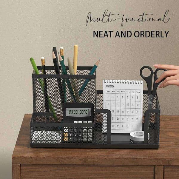 Mesh Desk Organizer Office Supplies Caddy with Pencil Holder and Storage Baskets for Desktop Accessories, 3 Compartments, Black 26Y0312