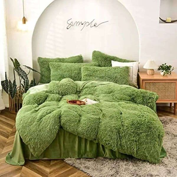 Duvet Full Size Green Ultra Soft Shaggy Fluffy Comforter Fuzzy Quilt Bedding Set 3Pcs 1Duvet Cover