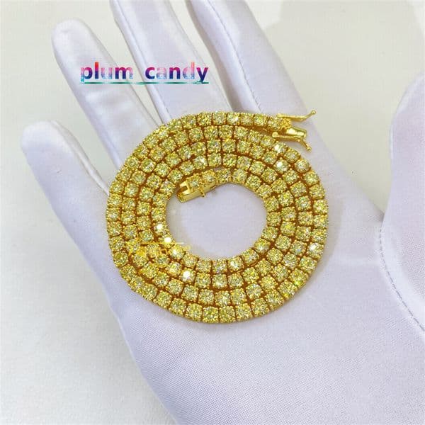 Gold Plated Iced Out Vvs Diamond Tennis Chain 2mm 3mm Yellow Moissanite Tennis Bracelet Necklace for Men and Women