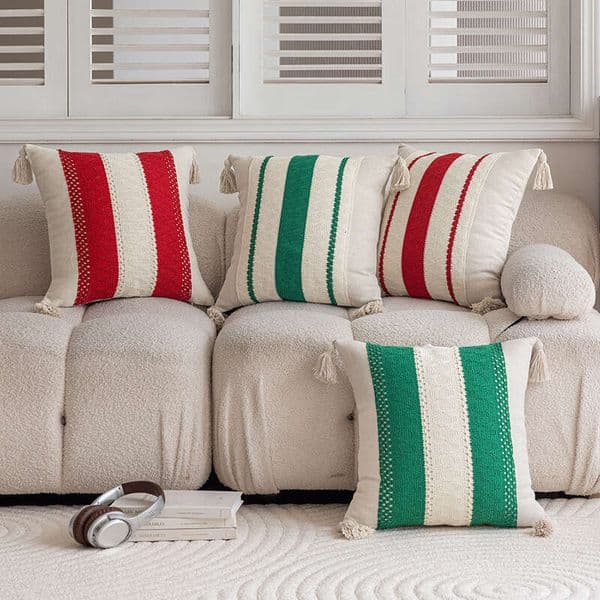 Christmas Red And Green Tassel Home Patchwork Double Stitch Leather Pillow Cushion Bedroom Sofa Detachable Pillowcase