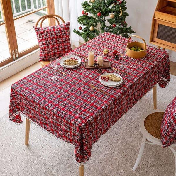 Red Checkered Christmas Party Atmosphere Red Tablecloth, Home-Use Snowflake Vintage Decorative Tablecloth