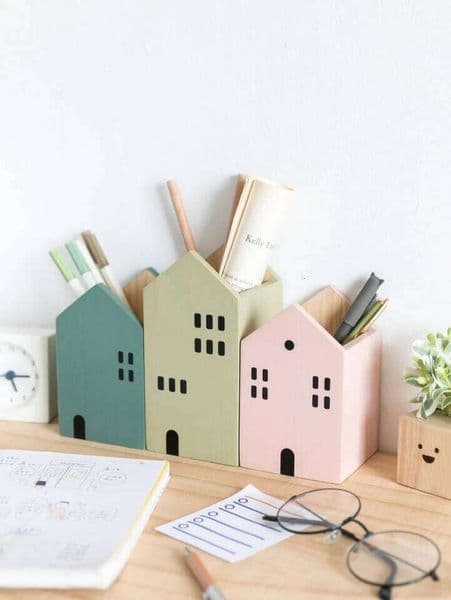 Cartoon House Wooden Pen Holder Pencil container Makeup Brush Stationery storage box Student/ Office Desktop Storage Organiser 26Y0312