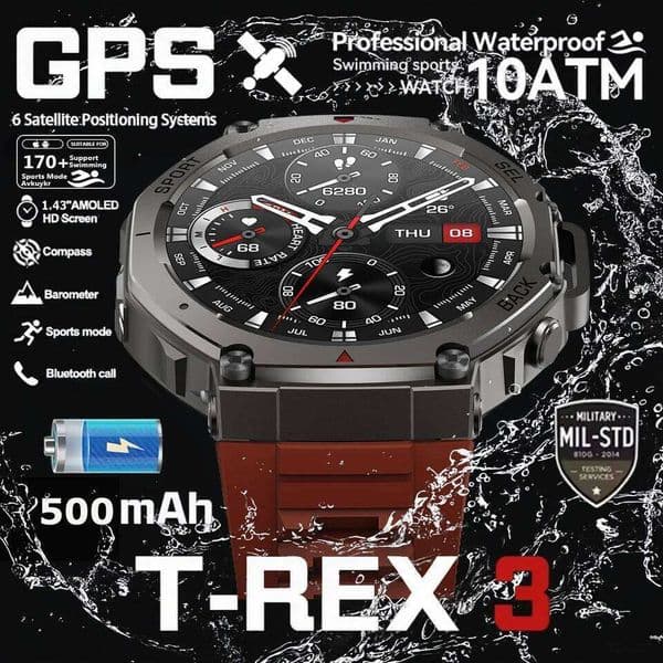 New T-Rex 3 Pro Dual-Band GPS Military 48mm 10ATM Water-Resistant 500mAh Battery Compass Altimeter AGPS Smart Watch 26Y0312