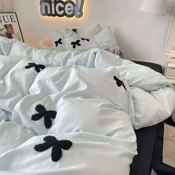 Bedding Set 2024 New Ins Style Minimalist Blue Washing Cotton black bow towel Embroidered Four PIECE Set, 1.5 Bed Sheets H260312 thumbnail 2
