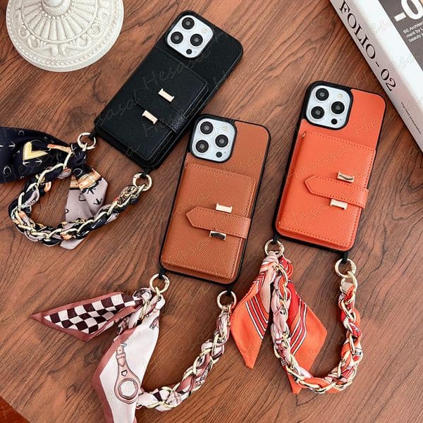 Designer Carriage H-Buckle Phone Case for iPhone 17 16 16pro 15 14 13 12 Pro Max Retro Leather Protection Card Slot Pocket Folio Luxury Cover Handy Chain Scarf 13pro