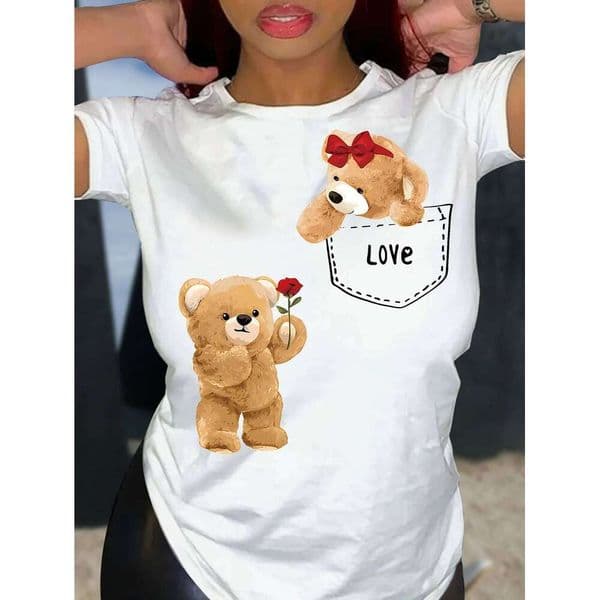 Cute Bear Print T-shirt Short Sleeve Crew Neck Top for Summer & Spring Women's Casual Female Clothing Z260312