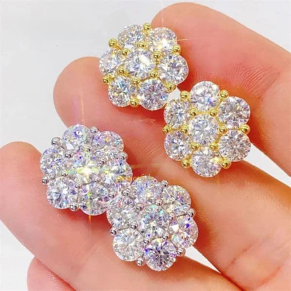 Stones Full Moissanite Stud Earrings for Women 925 Sterling Silver Flower Shape Diamond Earring Wedding Jewelry
