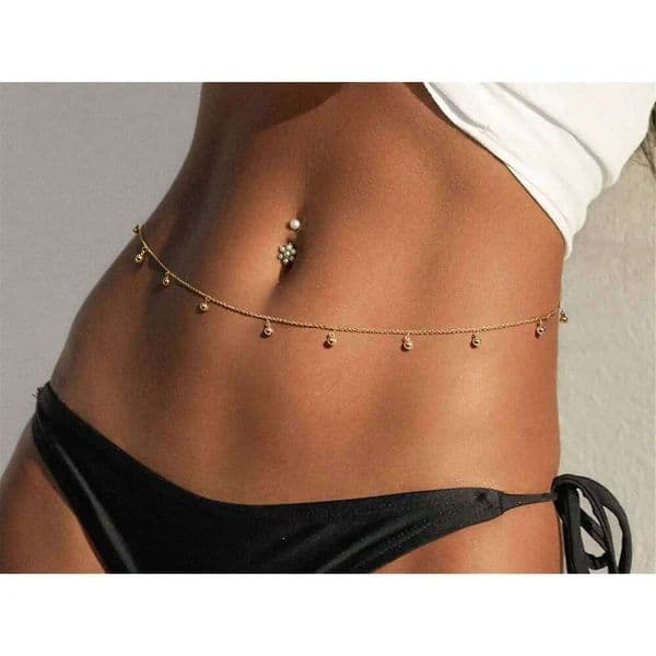 Women's Minimalist Bare New Metal Round Bead Waist Water Droplet Fringe Body Chain Sexy Bikini Accessory L260312