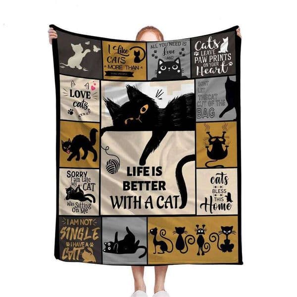 Black Microfiber Throw Blanket,Xmas Leisure Cover Blanket,Black Naughty Cat Lunch Break Home Travel Camping Blanket L260601
