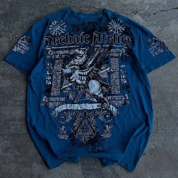 Y2K New Affliction T-shirt Street Vintage Letter Printed Blue Short Sleeve Men Hip Hop Gothic Punk Oversized T shirt Cotton Tops ddmythur
