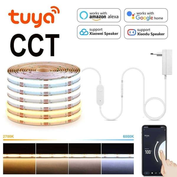 3M 5M Tuya Smart Life WiFi COB CCT Strip Light DC24V 2700K-6500K Dimmable LED Lamp Tape Ribbon Work With Alexa Google Home S260311