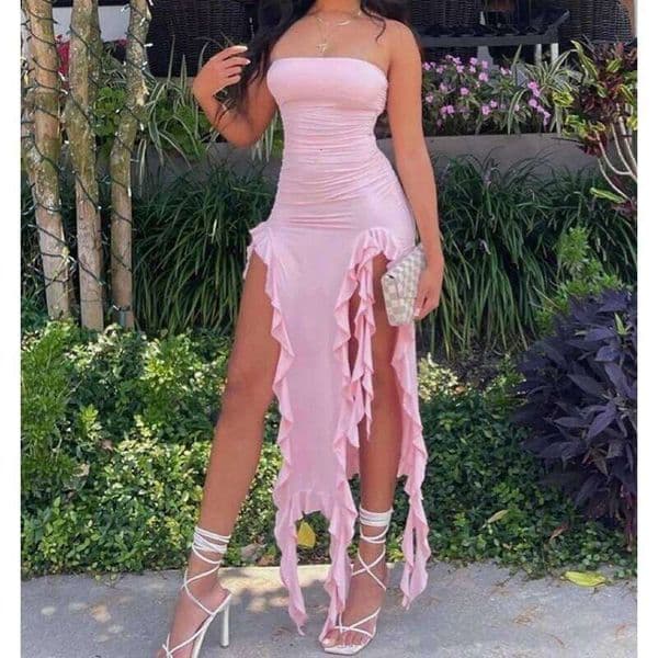 Women Strapless Sexy Floral Fold Hemline High Slit Mini 2024 Solid Backless Sleeveless Black And Pink Party Dress Vestidos C260312