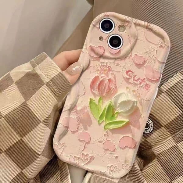 Pink Tulip Phone Case For Iphone 16 15 14 13 Pro 12 11 Max Plus 16Pro Cream Texture 16Promax Phone Case 15Promax Cute 15Pro 14Promax Cover Soft 14Pro 13Promax 12Pro Shell