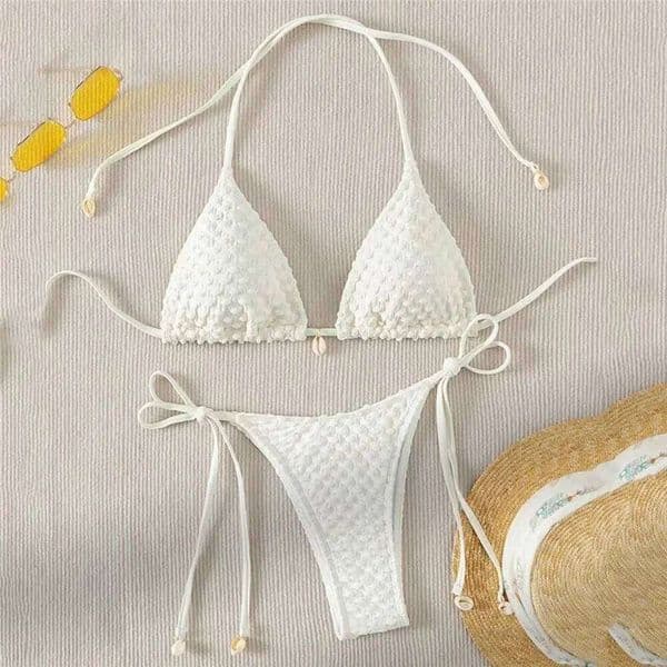 White String Micro Bikini Thong Sexy Swimsuit Women 2025 Shell Decorate Swimwear Bathing Suit Halter Triangle Bikinis Sets Mujer J260312