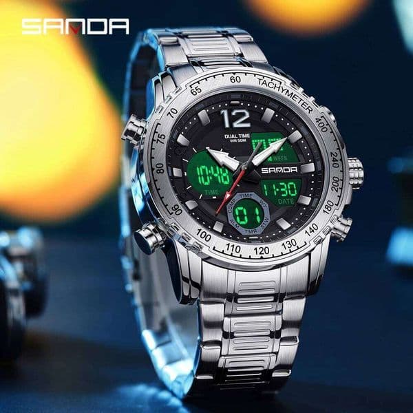 SANDA 6193 G black Sports Date Military Watches 5bar Waterproof Stainless Steel Electronic Wristwatch Men's Digital Watch