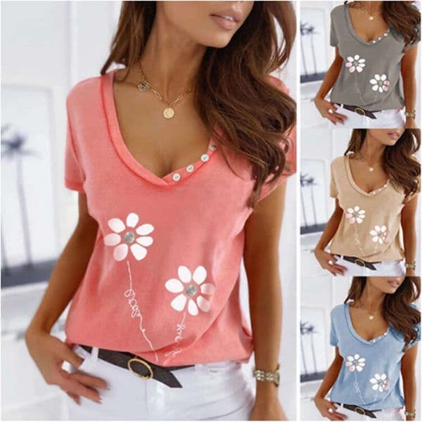 2021 European And American Cross-Border Foreign Trade New Slim-Fit V-Neck Printed Pocket Short-Sleeve Button Women's Casual T-Shirt