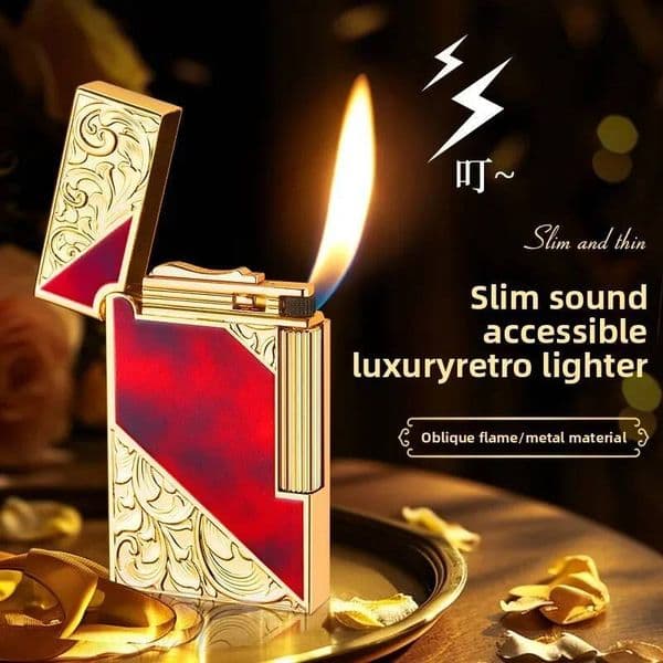 Slim Steel Sounding Light Luxury Retro Lighter, Inflatable Open Flame Side Sliding Grinding Wheel Inclined Fire Metal Lighter