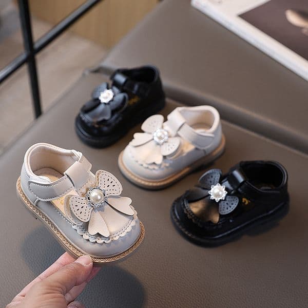Baby Girls Mary Jane Flats Cute Pearl Bow Non-Slip Toddler Princess Dress Shoes Perla Zapatos Casuales Antideslizantes Free shipping