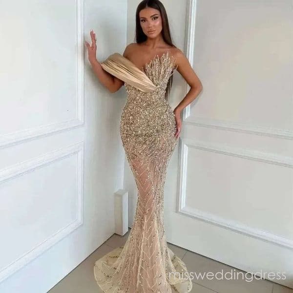 Glamorous Crystal Evening Beaded Off Shoulder Mermaid Prom Gowns Sequins Illusion Party Dresses Custom Made 0125