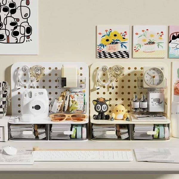 Desktop Perforated Board Storage Box with Transparent Drawers Stationery Sorting Rack Desk Office Cosmetics Pen Holder 26Y0312