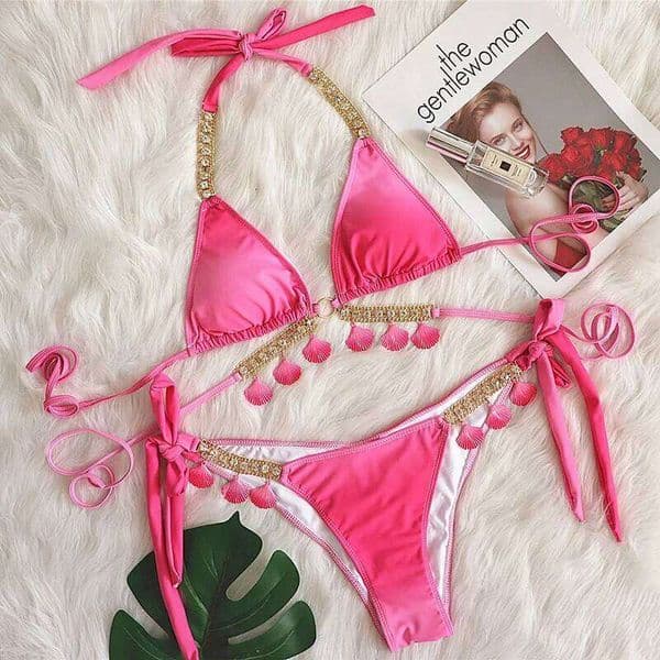 Pink Sexy Bikinis 2025 Swimsuit With Rhinestones Women Swimwear Female Push Up Bikini Beach Swim Wear Bathing Suits Pool Bather J260312