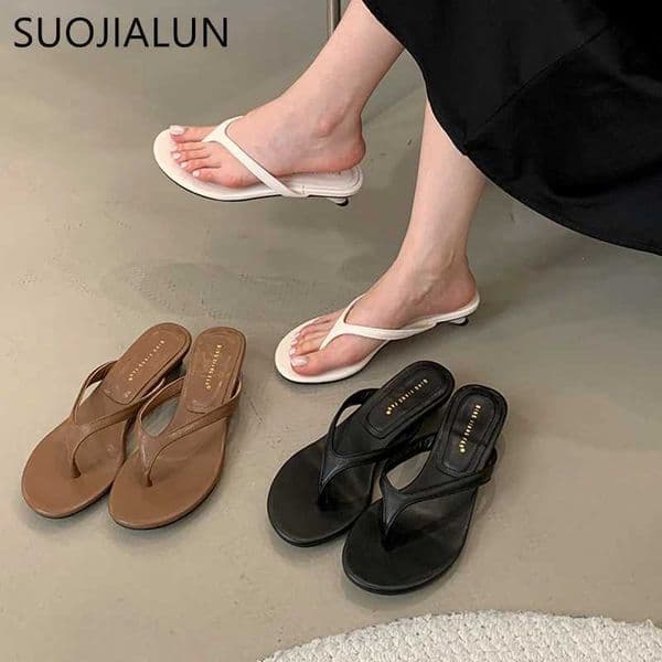 SUOJIALUN 2025 Summer New Women Slipper Fashion Narrow Band Slip On Flip Flop Shoes Square Low Heel Outdoor Sandals K260312
