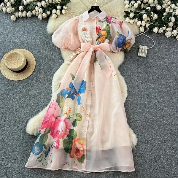 Chic vintage Sexy print mesh laceup button Fairy Summer Women Boho Sundress women clothing Long dress 260313BJ