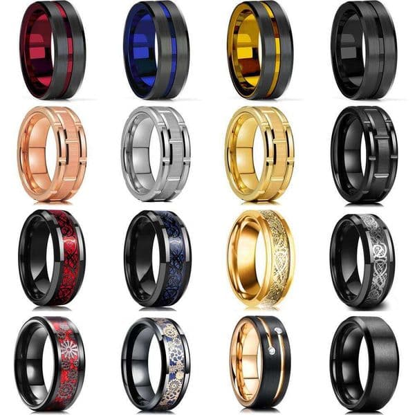 Fashion Men's 8mm Gold Color Groove Beveled Edge Tungsten Wedding Carbon Fiber Punk Gear Wheel Stainless Steel Ring For Men