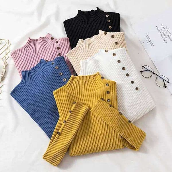 2025 Women Autumn Slim Sweaters Female Solid Knitted Cotton Soft Elastic Pullovers Button Full Sleeve Turtleneck Z260313