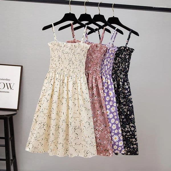 Casual Dresses Summer Mini Fashion Female Elastic High Waist Spaghetti Strap Sleeveless Dress Women Chiffon Vestidos