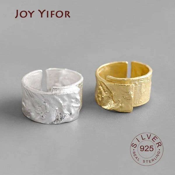 Wide 925 Sterling Open Ring for Women INS & Silver Color Gold Foil Concave-convex Irregular Face H260312