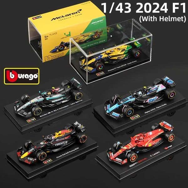 Bburago 143 2024 F1 Model With Helmet Alloy Miniature Diecast Formula Racing Car Toy MCL38 W15 SF24 RB20 A524 X260313