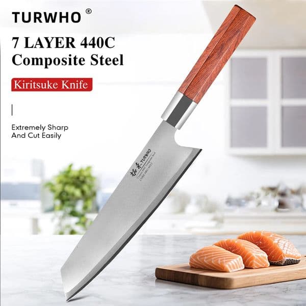 TURWHO 8-inch Japanese Chef Knife 7-Layer 440C Composite Steel Kitchen Knives Handmade Kiritsuke Bunka Knives Octagonal Handle 260304