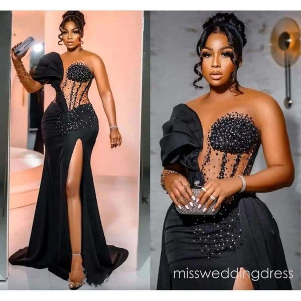 Arabic Aso Ebi Black Mermaid Prom Dresses Overskirts Satin Sheer Neck Lace Beaded Formal Ocn Evening Gowns Sexy Side Slit Ruched Second Reception Dress BC18650