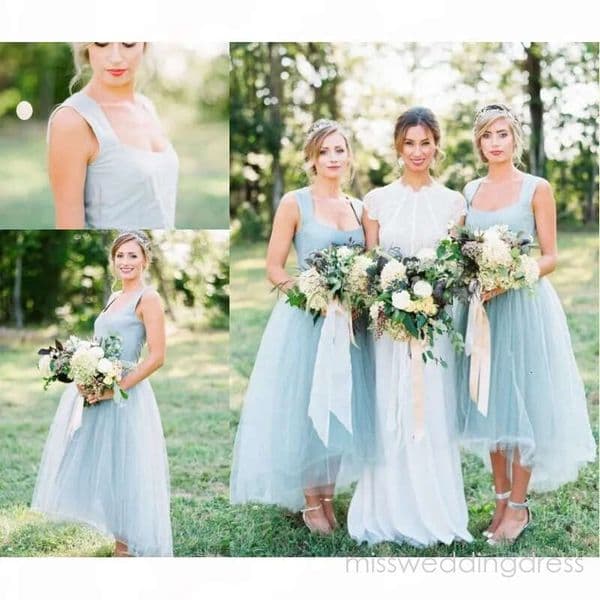 Ice Blue Bridesmaid Dresses With Straps Tulle A Line High Low Custom Made Beaded Country Wedding Maid Of Honor Gown Formal Party Wear Vestidos 403