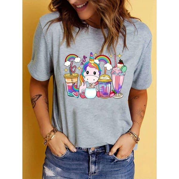 Womens Rainbow Unicorn Print T-Shirt Short Sleeve Lightweight & Breathable Crew Neck Top - Perfect Casual Wea Z260313