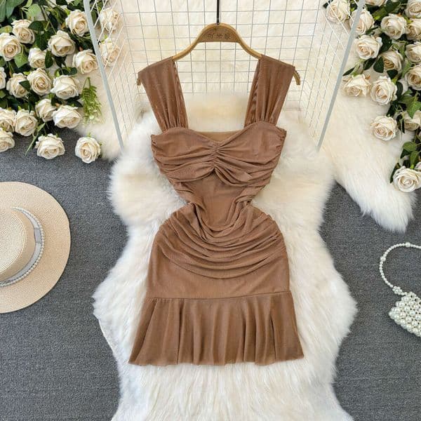 2026 French Elegant Women's Sexy Mesh Ruffle Strap Skirt Waist Slimming and Wrinkle Details