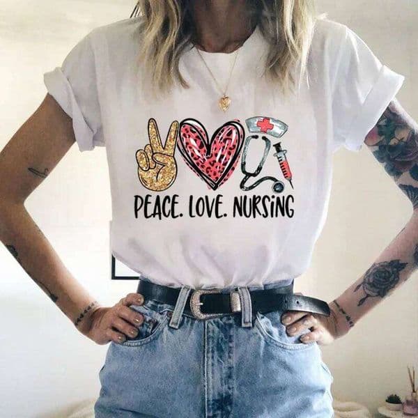 Peace Love Nursing Print T Shirt Women Cute Short Sleeve Tees Summer Fashion Loose Cotton T-shirt Z260313