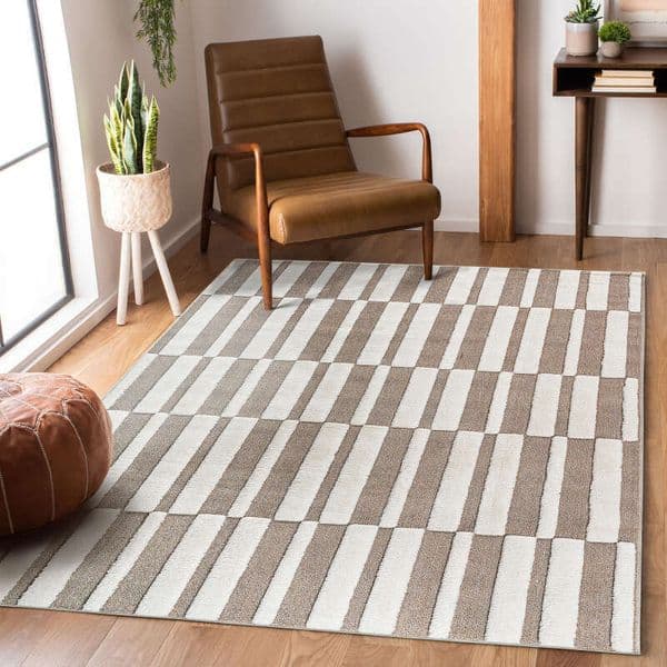 Step Collection High-Low Striped Beige/Cream Indoor Area Rug, 5'3''x7'6'', Modern, Contemporary, Geometric, Bohemian, Bedroom, Kitchen, Living Room, Non