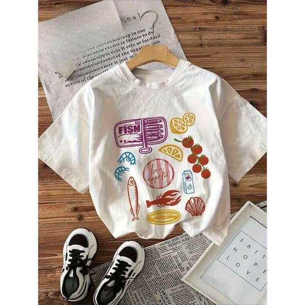 Women Seafood Fruit Pattern Print Casual Short Sleeved Tshirt Vintage Female Clothing Graphic Tshirts Y2K Top Z260313