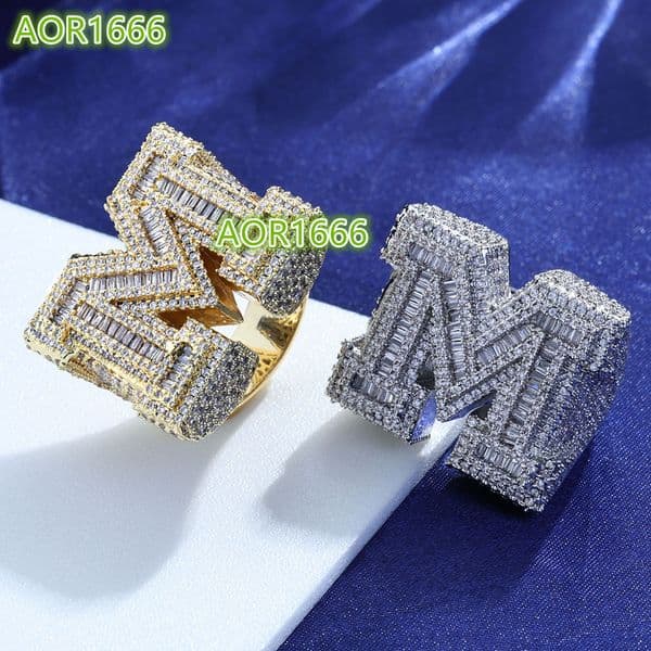 Hip Hop Copper Natural Stone Inlay Letter Ring for Men Trendy Personality Platinum Plated Street Style Jewelry Wholesale thumbnail 2