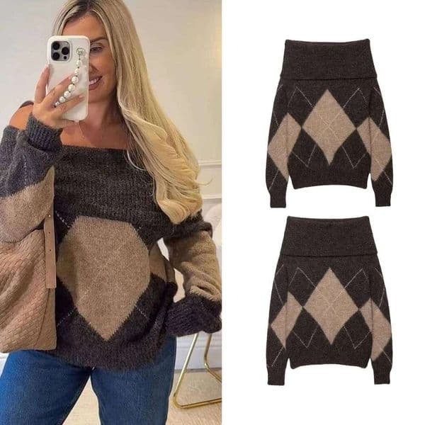 Autumn Women's Sweater Off Shoulder Fashion Argyle Womens Sweaters Temperament Slash Neck Knitted Pullovers Clothing Z260313