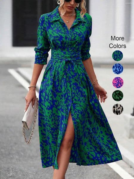Casual Dresses Elegant Random Print Button Down Shirt Dress Women's Long Sleeve Belted Waist Midi Spring Fall Office