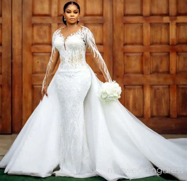 Arabic Aso Ebi Plus Size White Lace Mermaid Wedding Dress Sheer Neck Detachable Train Bridal Gowns Dresses 4J11