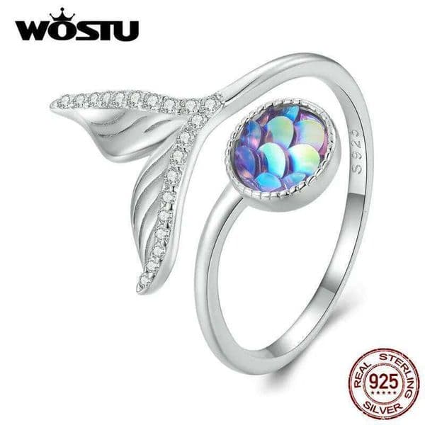WOSTU 925 Sterling Silver Summer Rainbow Mermaid Scales Open Rings For Women Full of Zircon Fish tail Adjustable Ring R429 H260312